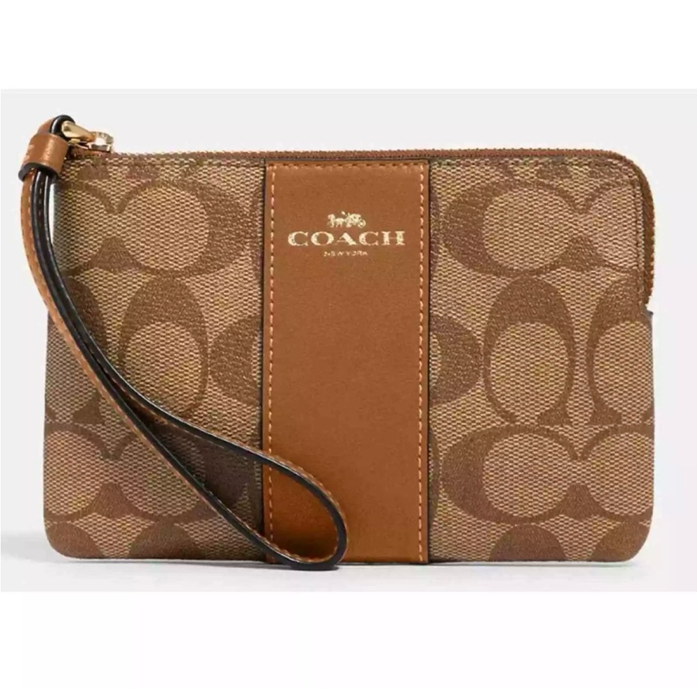 NWT Coach Corner Zip Wristlet In Signature Canvas - Gold/Khaki Saddle 2